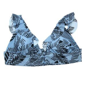 Aerie Bikini Top Triangle Ruffle Trim Palm Leaf Print Blue Black XXL